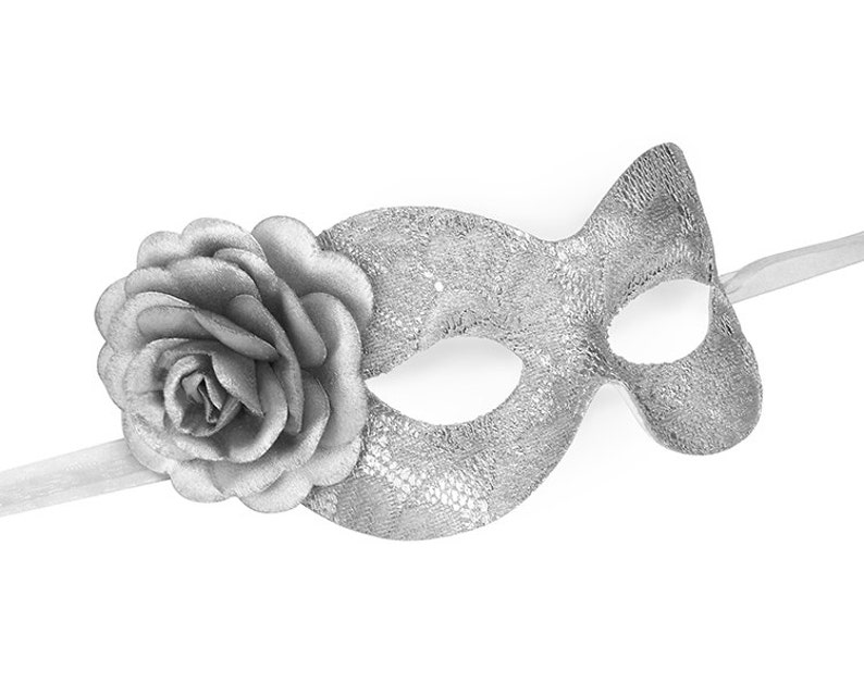 Silver Lace Masquerade Mask With Rose Lace Covered Venetian Mask With Flower Floral Lace Silver Masquerade Ball Mask image 1