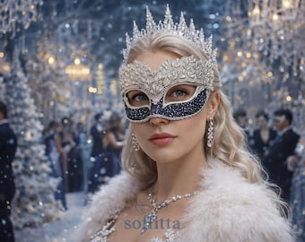 Navy Blue And Silver Glitter Masquerade Mask -  Venetian Style Masquerade Ball Mask With Silver Lace