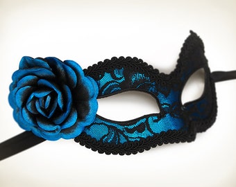 Blue And Black Lace Masquerade Mask  -  Blue Venetian Mask With Black Lace And Rose - Blue Lace Masquerade Ball Mask - Blue Halloween Mask