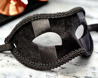 Velvet And Satin Black Masquerade Mask -  Groom's Black Mask Venetian Mask  - Luxury Masquerade Mask Men -Wedding, Prom, Costume Party