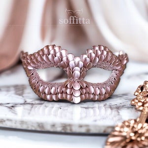 Rose Gold Masquerade Mask With Dragon Scales - Metallic Rose Gold Venetian Mask - Rose Gold Masquerade Ball Mask
