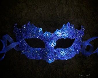 Sequined Blue Masquerade Mask With Rhinestones And Embroidery - Embellished Venetian Style Blue Masquerade Ball Mask