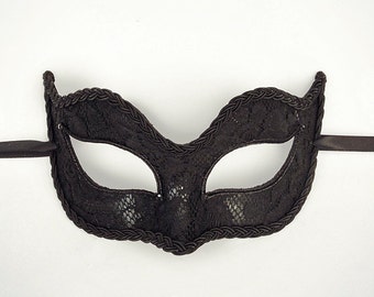Black Lace Masquerade Mask  -  Black Venetian Mask Decorated With Lace And Trim - Black Lace Masquerade Ball Mask