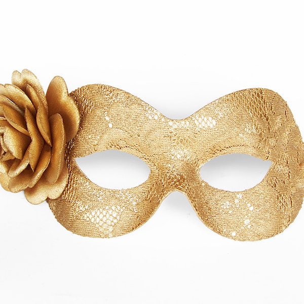 Gold Spitze Maskerade Maske mit Rose - Spitze bedeckt venezianische Maske mit Blume - Florale Spitze Gold Masquerade Ball Maske -