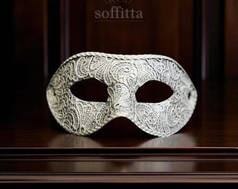 Metallic Silver Lace Masquerade Mask For Men - Silver Venetian Style Mardi Gras Mask With Lace And Braid - Groom's Masquerade Ball Mask