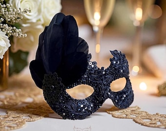 Sequined Black Masquerade Mask With Rhinestones & Feathers - Embellished Venetian Style Halloween Mask For Prom, Costume Party, Wedding