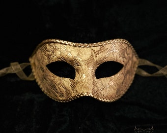 Metallic Gold Lace Masquerade Mask For Men - Gold Venetian Style Mardi Gras Mask With Lace And Braid - Groom's Masquerade Ball Mask