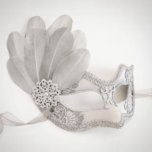 Silver Embroidery Masquerade Mask With Silver Feathers -  Venetian Style Halloween Mask - For Masquerade Ball, Prom, Costume Party, Wedding