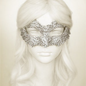 Sequined Silver Masquerade Mask With Rhinestones And Embroidery - Embellished Venetian Style Silver Masquerade Ball Mask