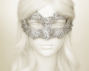 Sequined Silver Masquerade Mask With Rhinestones And Embroidery - Embellished Venetian Style Silver Masquerade Ball Mask
