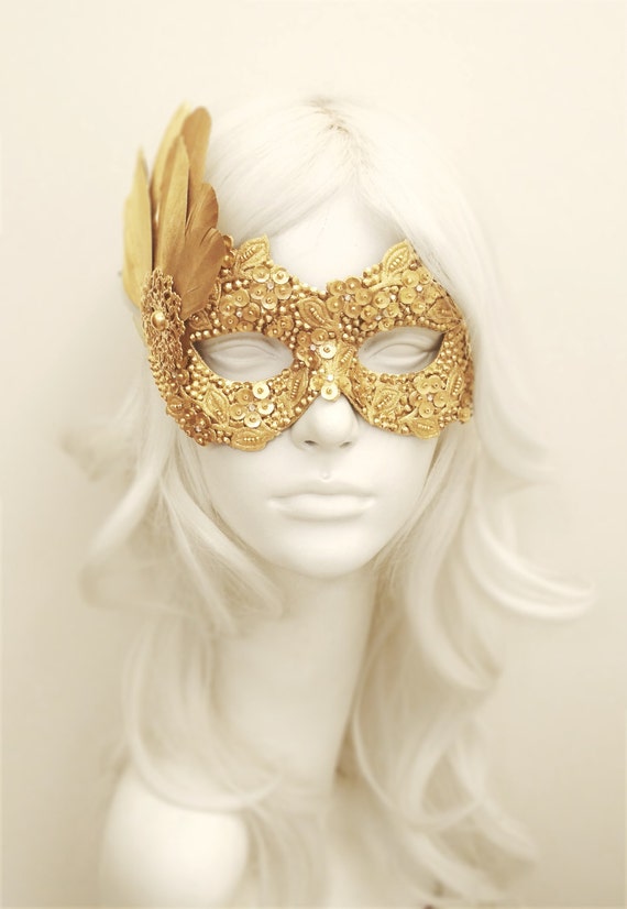 Sequined Gold Masquerade Mask With Rhinestones And Feathers