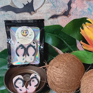 May include: A black package and a brown bowl each contain two pink and white flip-flop shaped wax melts. The package has a label that reads "Coconut Bliss". Two whole coconuts and green leaves are also visible.
