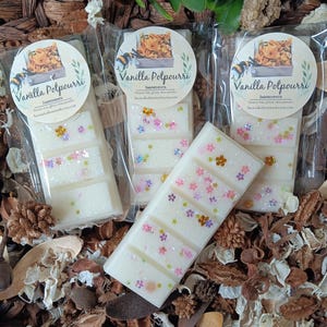 May include: Three vanilla potpourri wax melts in clear packaging, decorated with colorful flower-shaped confetti. Each melt has a label with the text "Vanilla Potpourri" and a bee illustration. The melts are surrounded by dried potpourri.