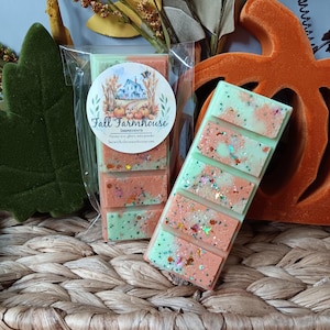 May include: Two rectangular wax melts featuring a marbled blend of light green and orange wax with embedded colorful glitter. One melt is inside a clear plastic sleeve with a circular label reading Fall Farmhouse, Ingredients, and text.