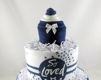 Boy diaper cake, Navy blue white baby diaper cake, Star diaper cake, Baby shower decoration, Baby shower gift, Moon and Stars baby shower