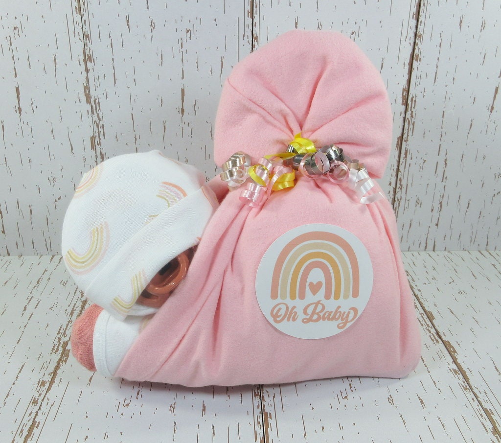 Stork bundle baby, Unique baby gift, Baby shower gift, New baby gift, Girl  diaper cake, Rainbow Baby shower centerpiece, Sleeping baby cake