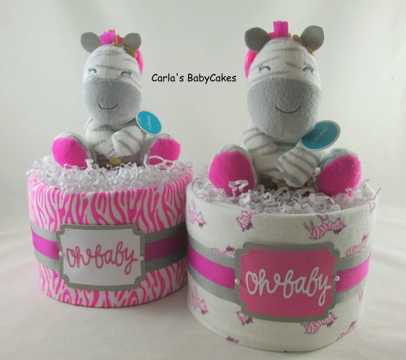 pink and gray diaper cake