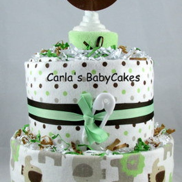 Neutral 2 layer diaper cake, Elephant Diaper Cake, Baby Shower Gift, New Baby Gift, New Mom Gift, Baby Shower Decoration, Baby Diaper Cake
