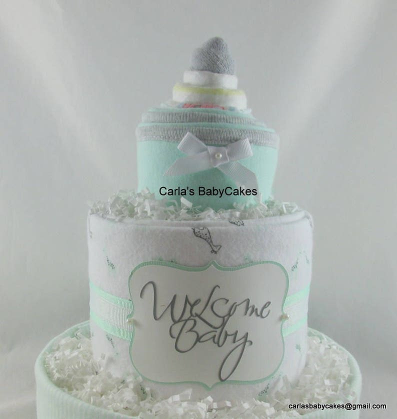 Baby diaper cake, Baby shower gift, Baby shower decoration, New mom gift, Baby sprinkle gift, Baby gift ideas, Neutral diaper cake image 3