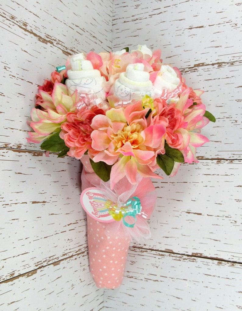 Baby Floral Bouquet, Baby Shower Bouquet, New Mom Gift, Baby shower decoration, Unique baby gift, Baby diaper gift, New baby gift image 2