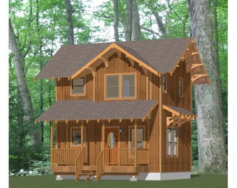 May include: A two-story wooden cabin with a brown roof, a porch with a railing, and windows with white trim. The cabin is surrounded by trees.