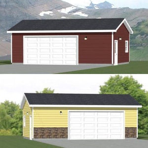 May include: Two different exterior views of a detached garage. The first image shows a red garage with a white double garage door. The second image shows a yellow garage with a white double garage door and a stone accent.