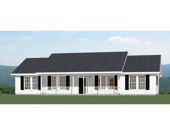 May include: A white single-story house with a black roof and black window trim. The house has a front porch with white railings and a black door.