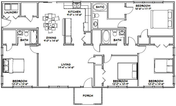 60x30 House 4 Bedroom 3 Bath 1800 Sq Ft Pdf Floor Etsy 60x30 House 4 Bedroom 3 Bath 1800 Sq Ft Pdf Floor Etsy