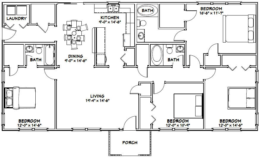 60x30 House -- 4-bedroom 3-bath -- 1,800 Sq Ft -- PDF Floor Plan