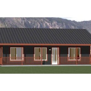May include: A single-storey house with a dark grey metal roof and brown cladding. The house has a front porch with a railing and windows on either side of the front door.