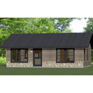 May include: A small, single-storey house with a brown wooden exterior and a black roof. The house has a stone foundation and large windows.