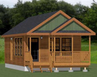 May include: A small, wooden cabin with a green roof and a porch. The cabin has two windows and a door. The porch has a wooden railing.