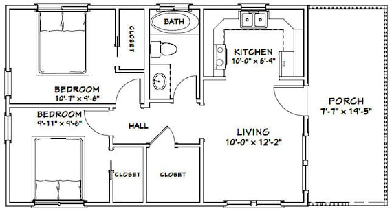 30x20 House 2 Bedroom 1 Bath 600 Sq Ft Pdf Floor Plan Instant Download Model 3c