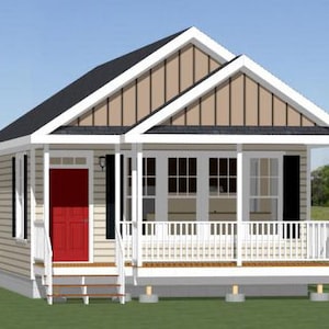 May include: A small, white, single-storey house with a red door and a front porch with a white railing. The house has beige cladding with black trim and a black roof.