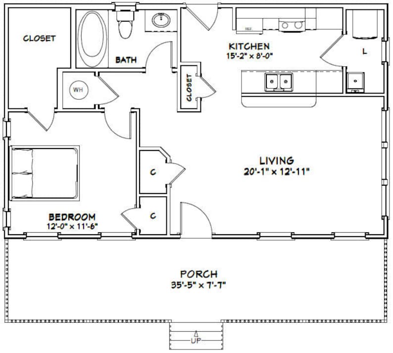 36x22 House 1Bedroom 1Bath 790 sq ft PDF Floor Plan Etsy