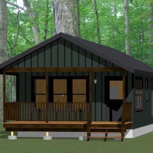 May include: A small, dark green cabin with a wooden porch and a wooden railing. The cabin has a gabled roof and two windows on the side.