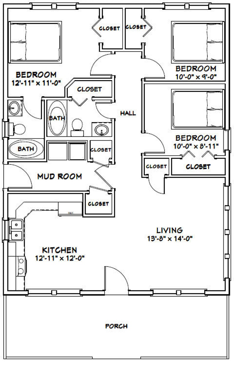 28x36 House 3Bedroom 2Bath 1008 sq ft PDF Floor Etsy