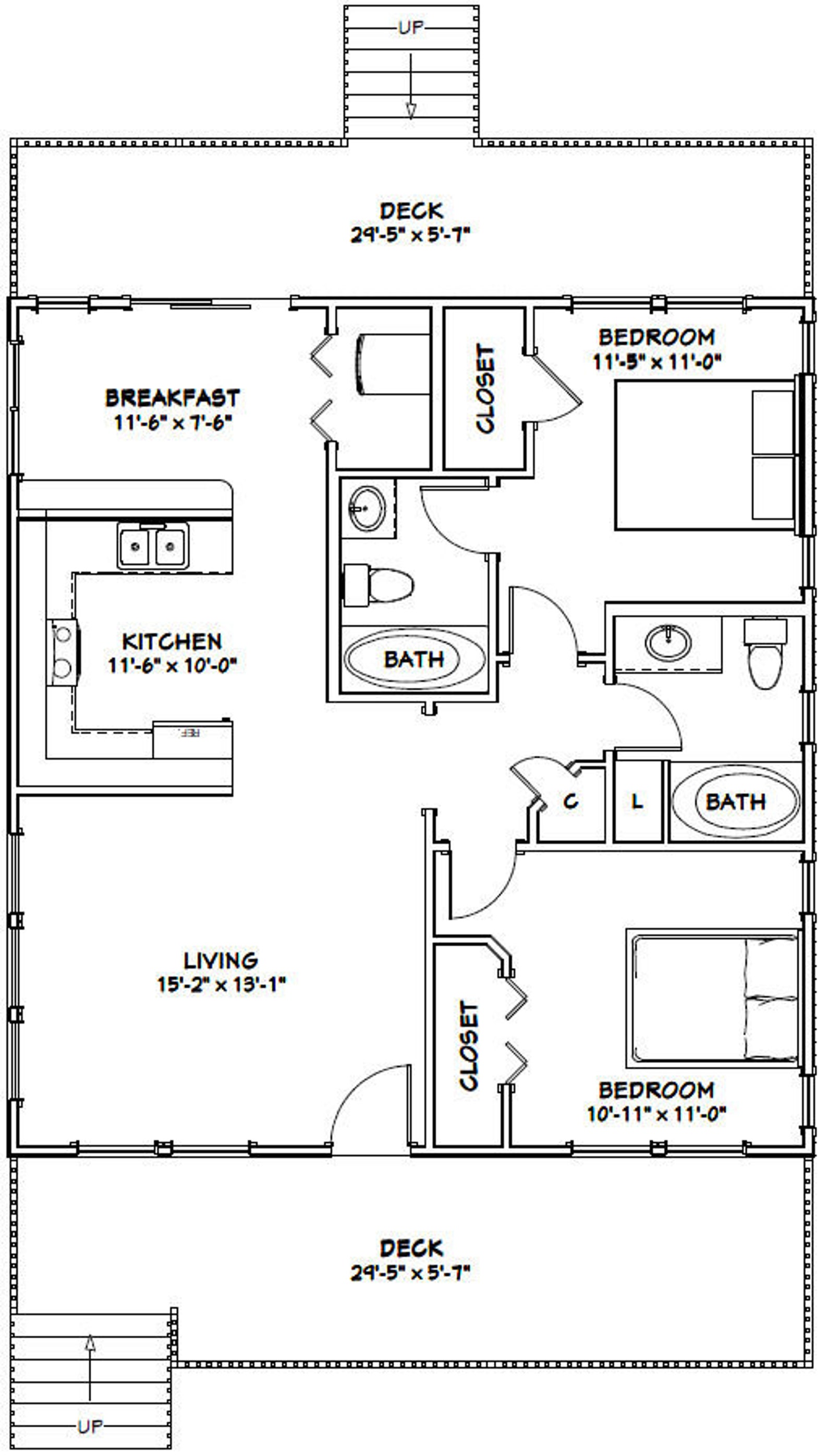 30x32 House 2Bedroom 2Bath 960 sq ft PDF Floor Plan Etsy