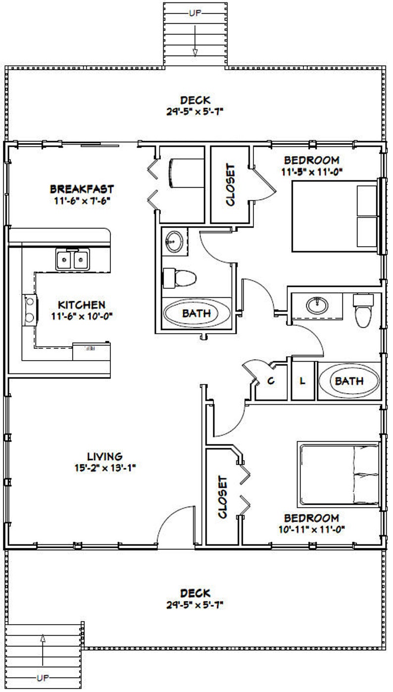 30x32 House 2Bedroom 2Bath 960 sq ft PDF Floor Plan Etsy