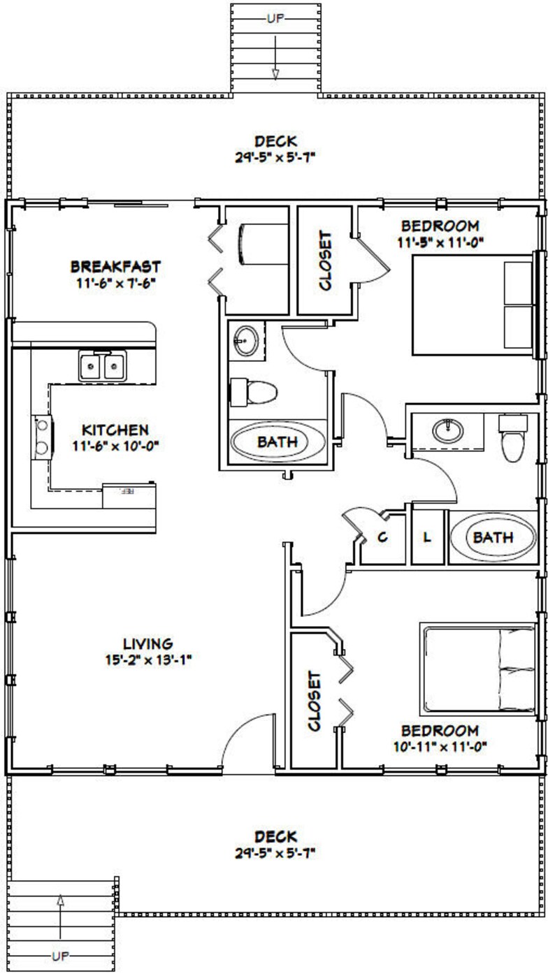 30x32 House 2 bedroom 2 bath 960 Sq Ft PDF Floor Plan Etsy