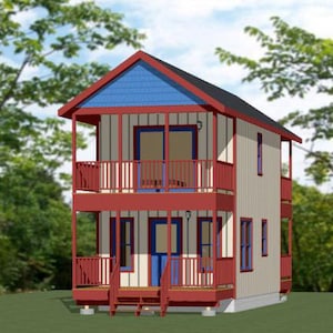 Könnte beinhalten: Ein zweistöckiges Haus mit weißer Fassade, roten Verzierungen und blauen Akzenten. Das Haus hat auf beiden Etagen eine Veranda und einen kleinen Vorgarten.
