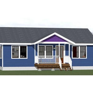 May include: A single-storey house with blue and white exterior walls, a purple roof overhang and a front porch. The house has white trim and windows.