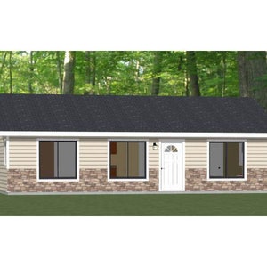 May include: A single-story house with a beige exterior and a brown roof. The house has a stone facade and three windows. The front door is white with a glass panel.