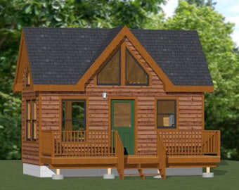 May include: A small, wooden cabin with a gabled roof and a large window in the front. The cabin has a brown wooden exterior and a gray roof. There is a small porch in front of the cabin with a wooden railing.