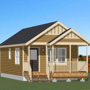 May include: A small, single-storey house with a brown exterior and a black roof. The house has a front porch with a wooden railing and a white door. The house is surrounded by green grass.