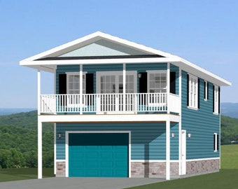May include: A two-story house with a teal garage door and siding. The house has a white balcony with a railing and a white roof. The windows have black shutters. The house is set against a backdrop of green hills and a blue sky.