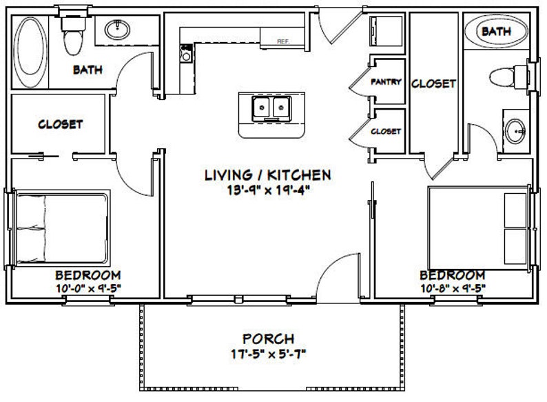 36x20 House 2Bedroom 2Bath 720 sq ft PDF Floor Plan Etsy