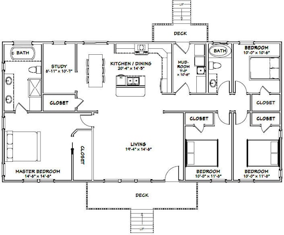 60x30 House 4 Bedroom 2 Bath 1800 Sq Ft Pdf Floor Etsy