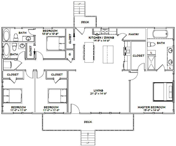 60x30 House 4 Bedroom 3 Bath 1800 Sq Ft Pdf Floor Etsy Hong Kong