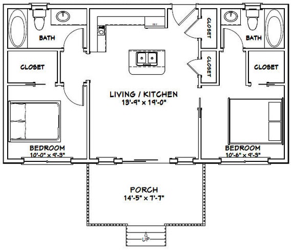 36x20 House 2 Bedroom 2 Bath 720 Sq Ft Pdf Floor Plan Instant Download Model 2a